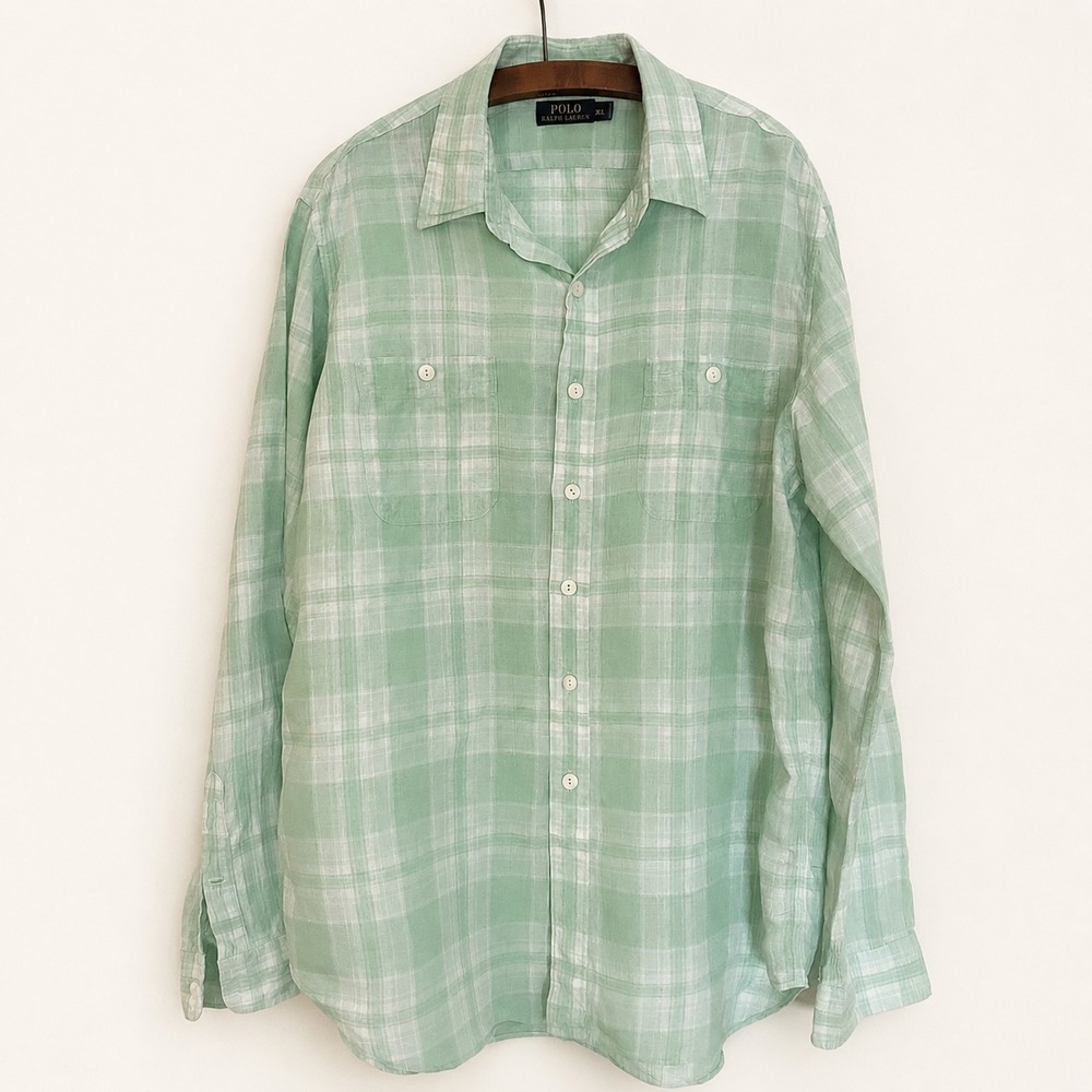 Polo Ralph Lauren Shirt Mens XL Linen Green Plaid Preppy Beach Resort